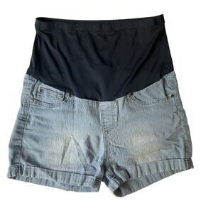Oh! Mamma Women Shorts L Blue Cotton Nylon Maternity Button Stretch 2" Inseam